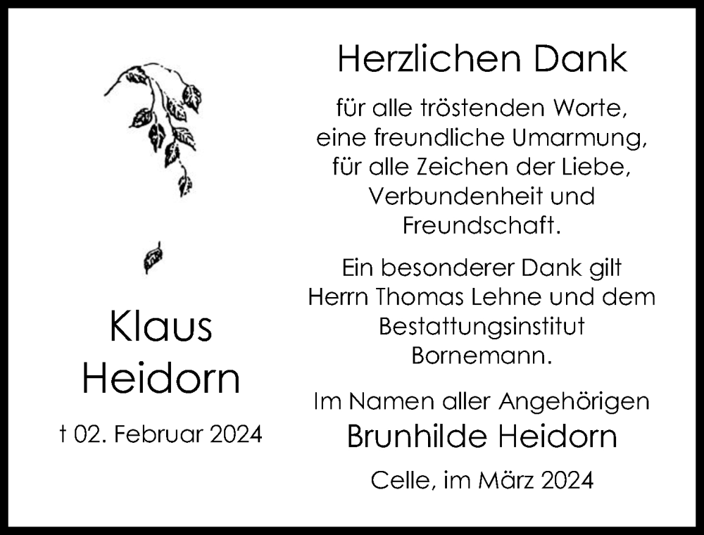  Traueranzeige für Klaus Heidorn vom 02.03.2024 aus Cellesche Zeitung