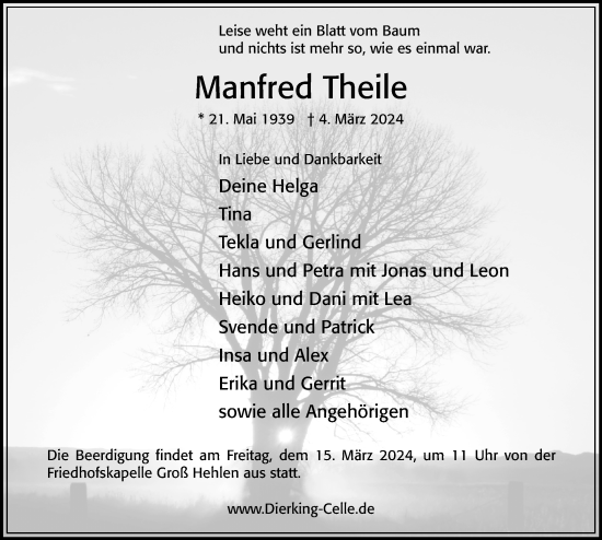 Traueranzeige von Manfred Theile von Cellesche Zeitung