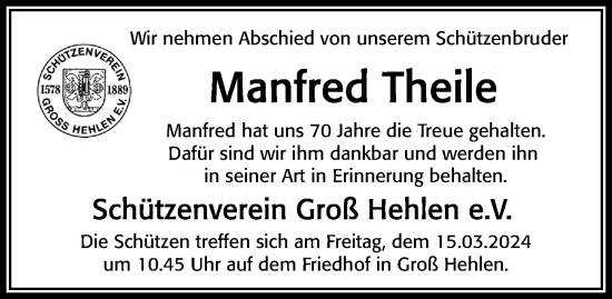 Traueranzeige von Manfred Theile von Cellesche Zeitung