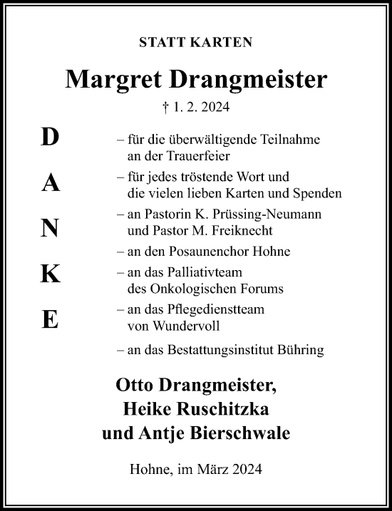 Traueranzeige von Margret Drangmeister von Cellesche Zeitung