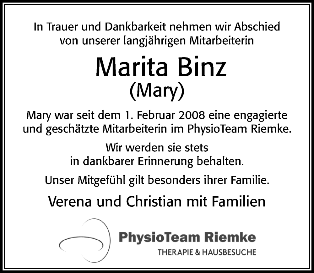  Traueranzeige für Marita Binz vom 30.03.2024 aus Cellesche Zeitung