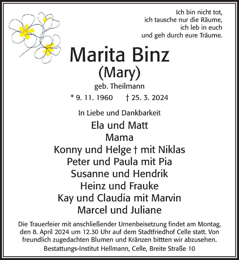  Traueranzeige für Marita Binz vom 30.03.2024 aus Cellesche Zeitung