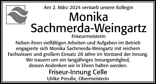 Traueranzeige von Monika Sachmerda-Weingartz von Cellesche Zeitung