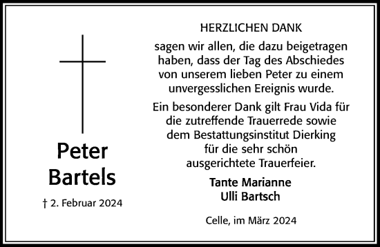 Traueranzeige von Peter Bartels von Cellesche Zeitung