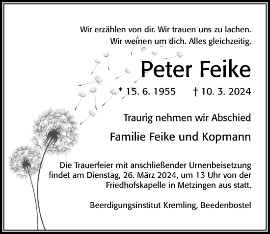 Traueranzeige von Peter Feike von Cellesche Zeitung