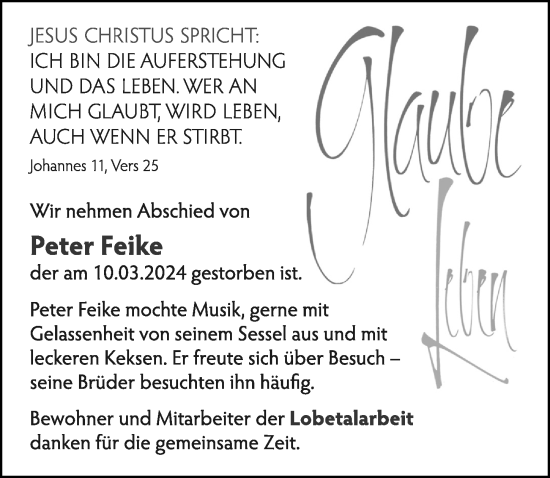 Traueranzeige von Peter Feike von Cellesche Zeitung