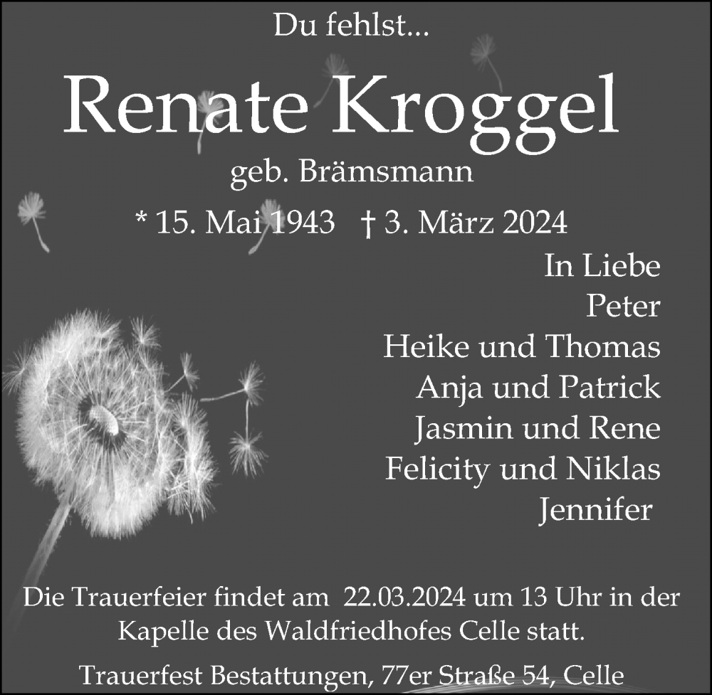  Traueranzeige für Renate Kroggel vom 16.03.2024 aus Cellesche Zeitung
