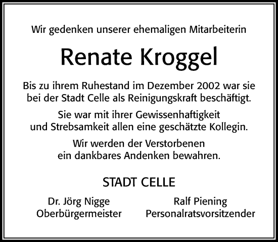 Traueranzeige von Renate Kroggel von Cellesche Zeitung
