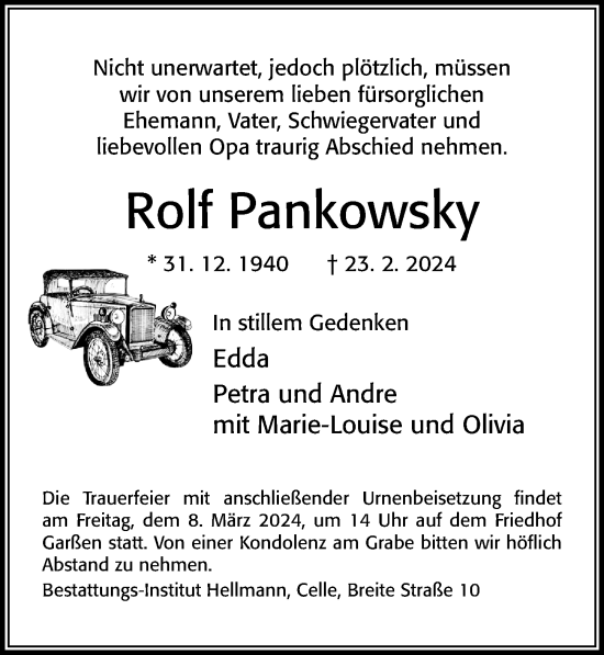 Traueranzeige von Rolf Pankowsky von Cellesche Zeitung
