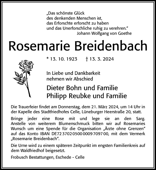 Traueranzeige von Rosemarie Breidenbach von Cellesche Zeitung