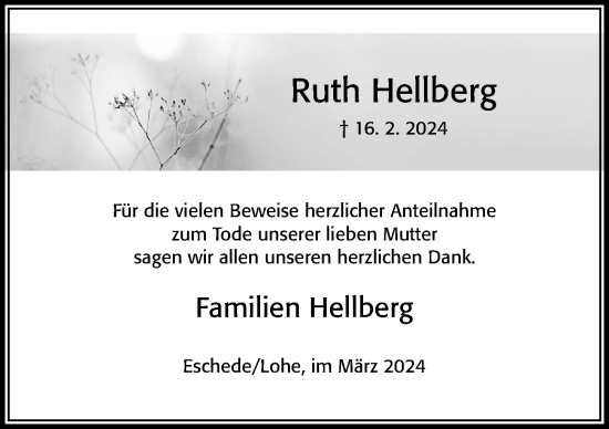 Traueranzeige von Ruth Hellberg von Cellesche Zeitung