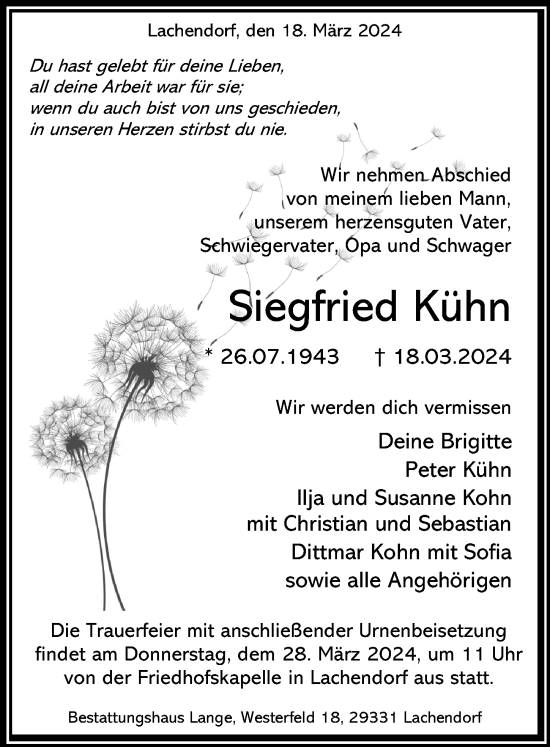 Traueranzeige von Sigfried Kühn von Cellesche Zeitung