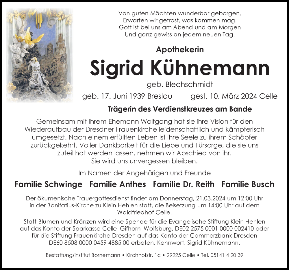  Traueranzeige für Sigrid Kühnemann vom 16.03.2024 aus Cellesche Zeitung
