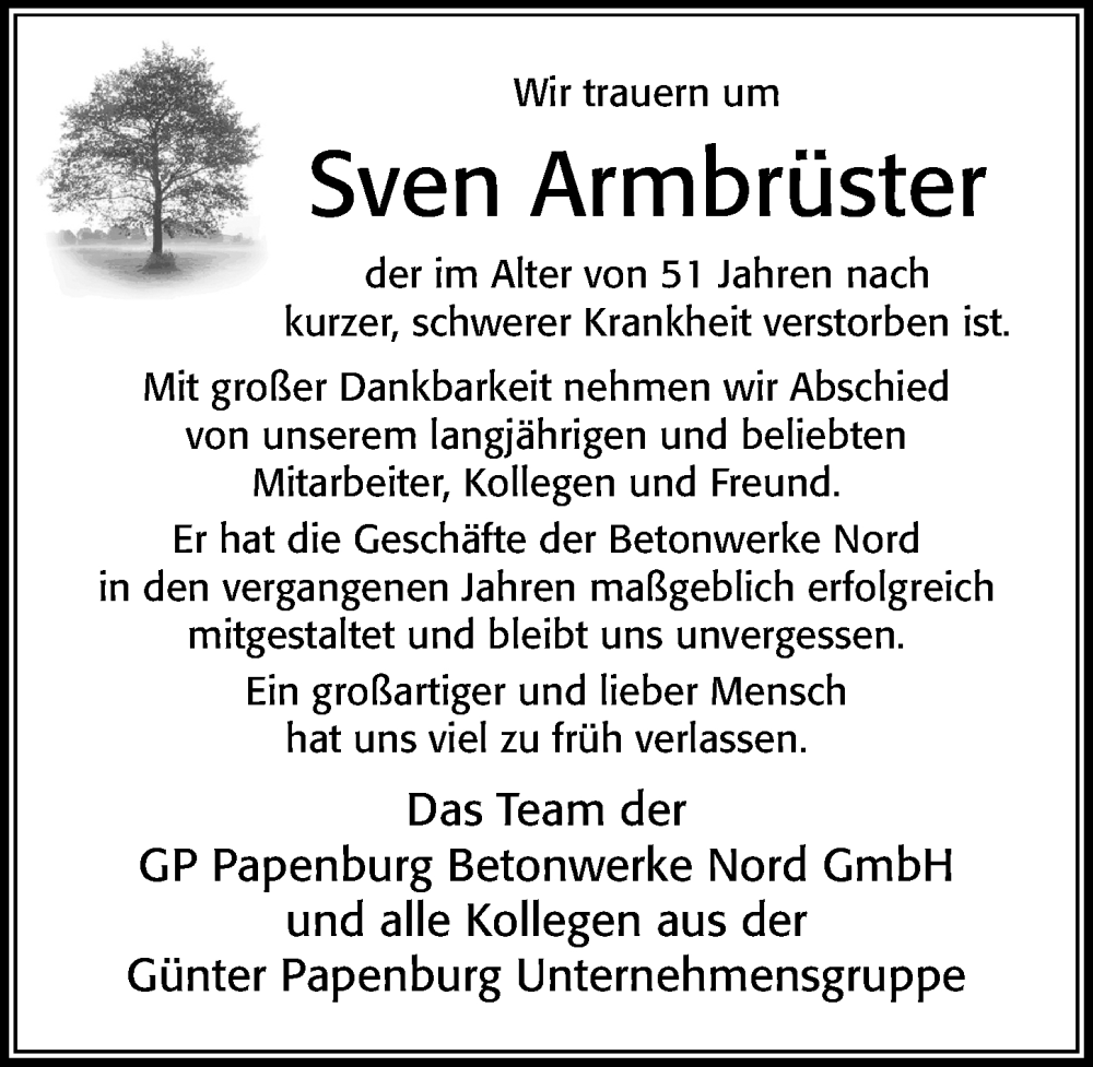  Traueranzeige für Sven Armbrüster vom 30.03.2024 aus Cellesche Zeitung