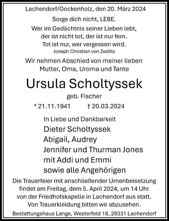 Traueranzeige von Ursula Scholtyssek von Cellesche Zeitung
