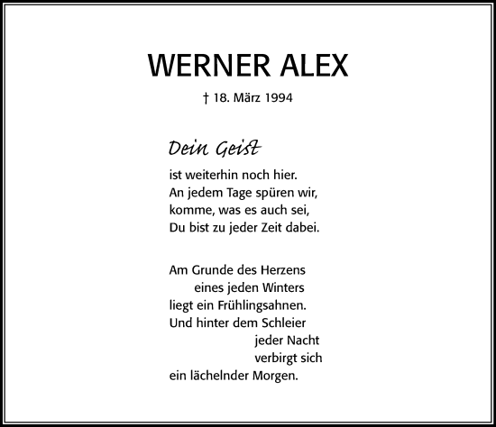 Traueranzeige von Werner Alex von Cellesche Zeitung