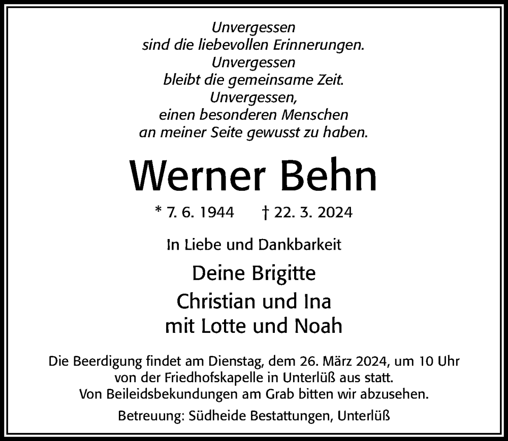  Traueranzeige für Werner Behn vom 26.03.2024 aus Cellesche Zeitung