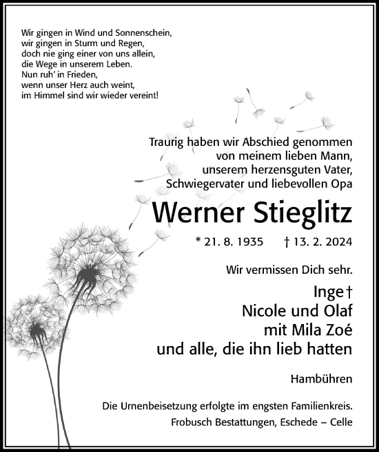 Traueranzeige von Werner Stieglitz von Cellesche Zeitung