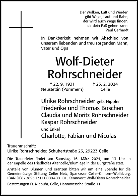 Traueranzeige von Wolf-Dieter Rohrschneider von Cellesche Zeitung