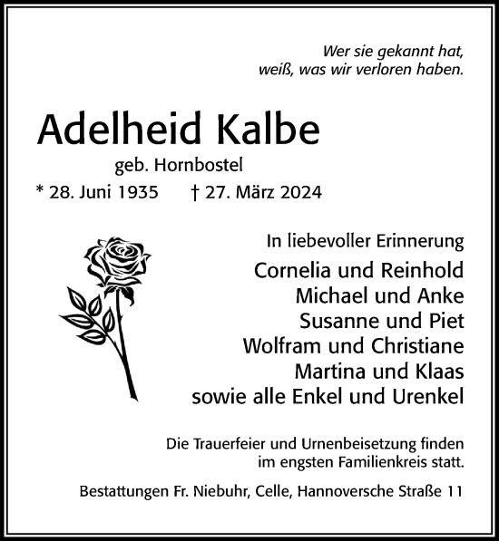 Traueranzeige von Adelheid Kalbe von Cellesche Zeitung