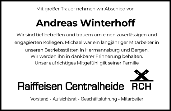 Traueranzeige von Andreas Winterhoff von Cellesche Zeitung