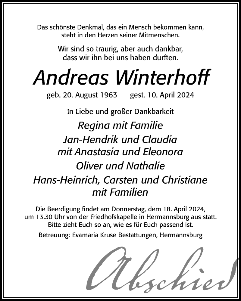  Traueranzeige für Andreas Winterhoff vom 13.04.2024 aus Cellesche Zeitung