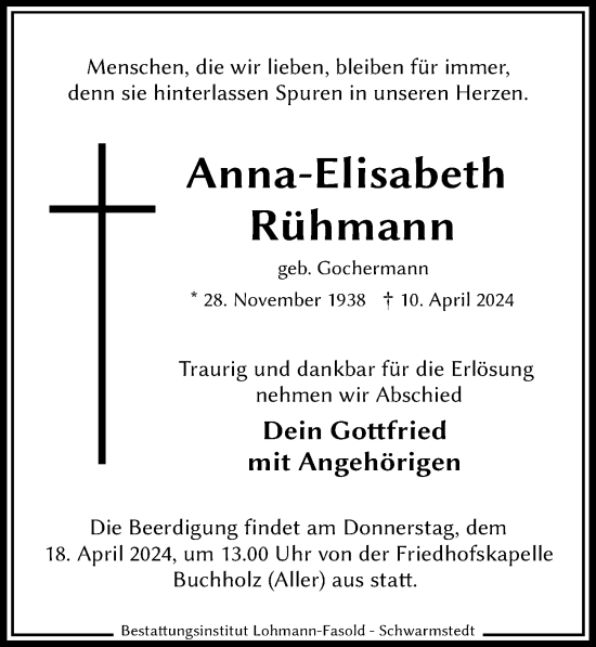 Traueranzeige von Anna-Elisabeth Rühmann von Cellesche Zeitung
