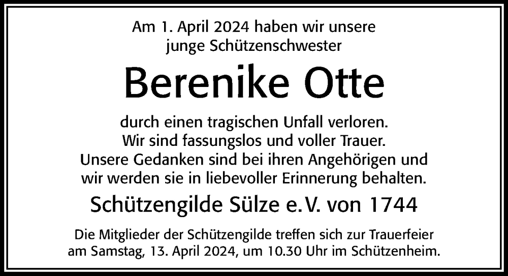  Traueranzeige für Berenike Otte vom 09.04.2024 aus Cellesche Zeitung