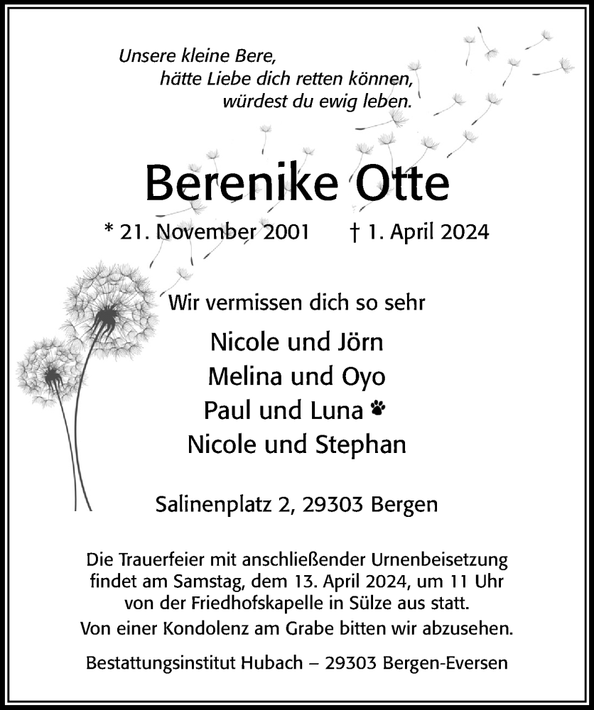  Traueranzeige für Berenike Otte vom 06.04.2024 aus Cellesche Zeitung