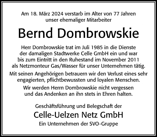 Traueranzeige von Bernd Dombrowskie von Cellesche Zeitung