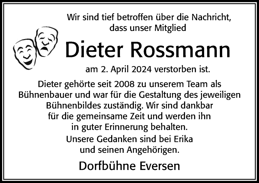  Traueranzeige für Dieter Rossmann vom 13.04.2024 aus Cellesche Zeitung