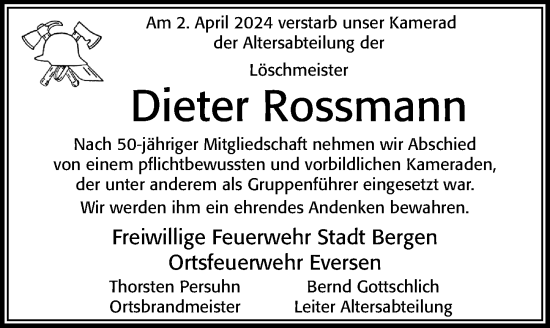 Traueranzeige von Dieter Rossmann von Cellesche Zeitung