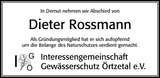 Traueranzeige von Dieter Rossmann von Cellesche Zeitung