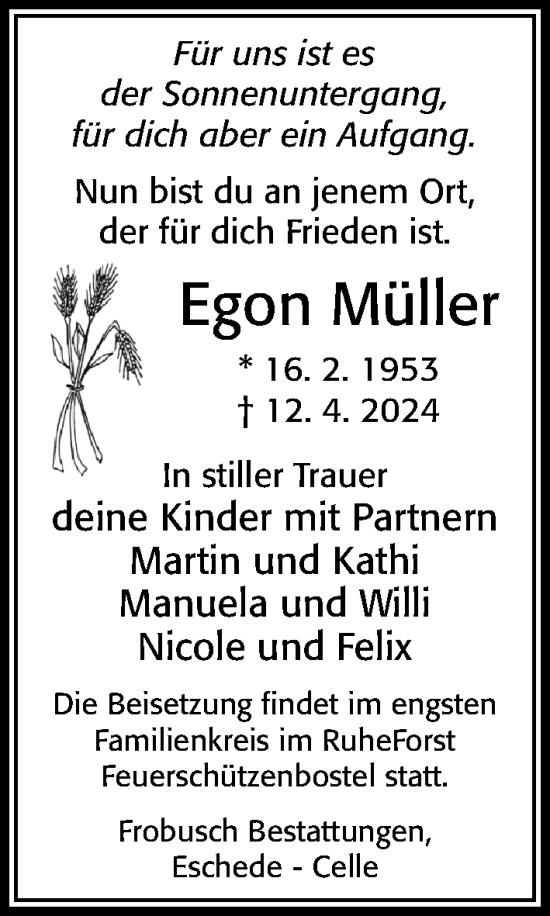 Traueranzeige von Egon Müller von Cellesche Zeitung