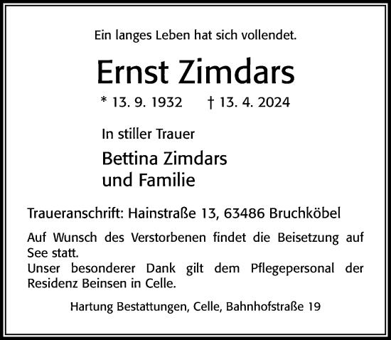 Traueranzeige von Ernst Zimdars von Cellesche Zeitung