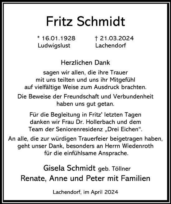 Traueranzeige von Fritz Schmidt von Cellesche Zeitung