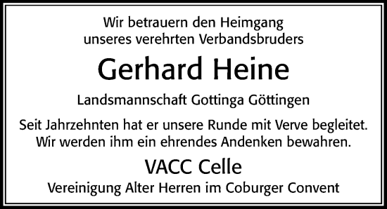 Traueranzeige von Gerhard Heine von Cellesche Zeitung