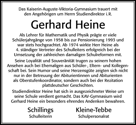 Traueranzeige von Gerhard Heine von Cellesche Zeitung