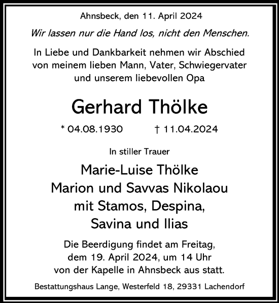 Traueranzeige von Gerhard Thölke von Cellesche Zeitung