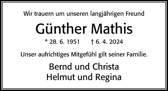 Traueranzeige von Günther Mathis von Cellesche Zeitung