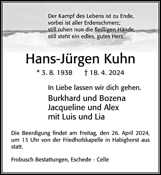 Traueranzeige von Hans-Jürgen Kuhn von Cellesche Zeitung