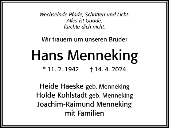 Traueranzeige von Hans Menneking von Cellesche Zeitung