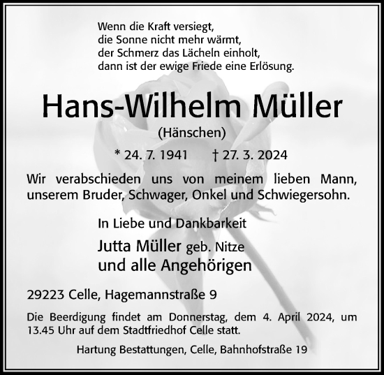 Traueranzeige von Hans-Wilhelm Müller von Cellesche Zeitung