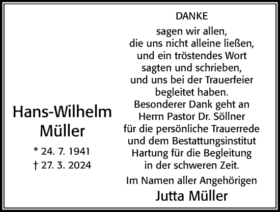 Traueranzeige von Hans-Wilhelm Müller von Cellesche Zeitung