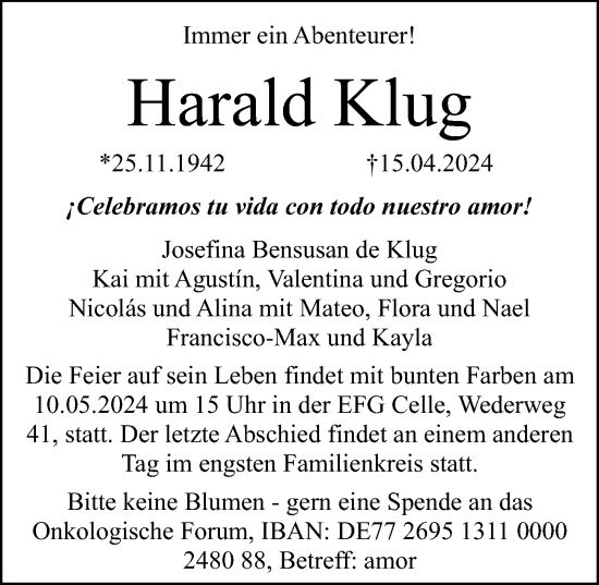 Traueranzeige von Harald Klug von Cellesche Zeitung
