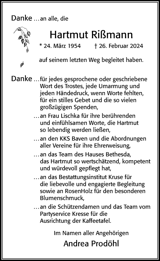Traueranzeige von Hartmut Rißmann von Cellesche Zeitung