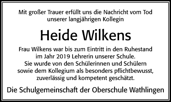 Traueranzeige von Heide Wilkens von Cellesche Zeitung