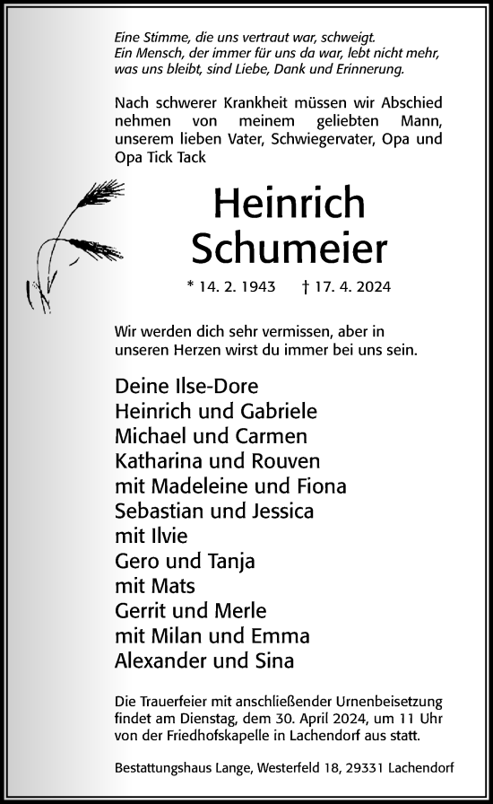 Traueranzeige von Heinrich Schumeier von Cellesche Zeitung