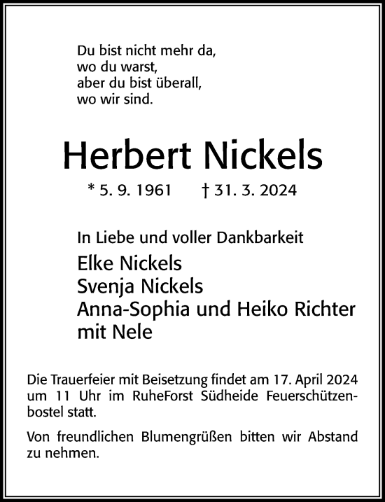 Traueranzeige von Herbert Nickels von Cellesche Zeitung