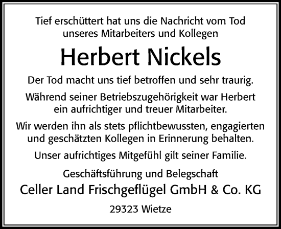 Traueranzeige von Herbert Nickels von Cellesche Zeitung